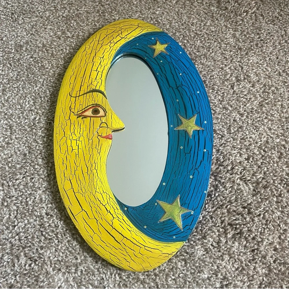 Vintage Wood Celestial Moon & Stars Oval wall Mirror or Picture Frame, 7” x 12”